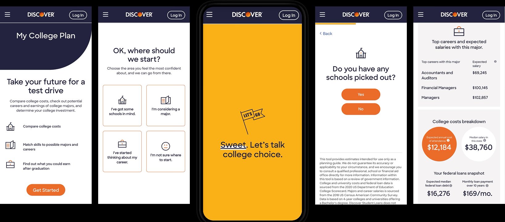 Discover My College Plan calculator screens